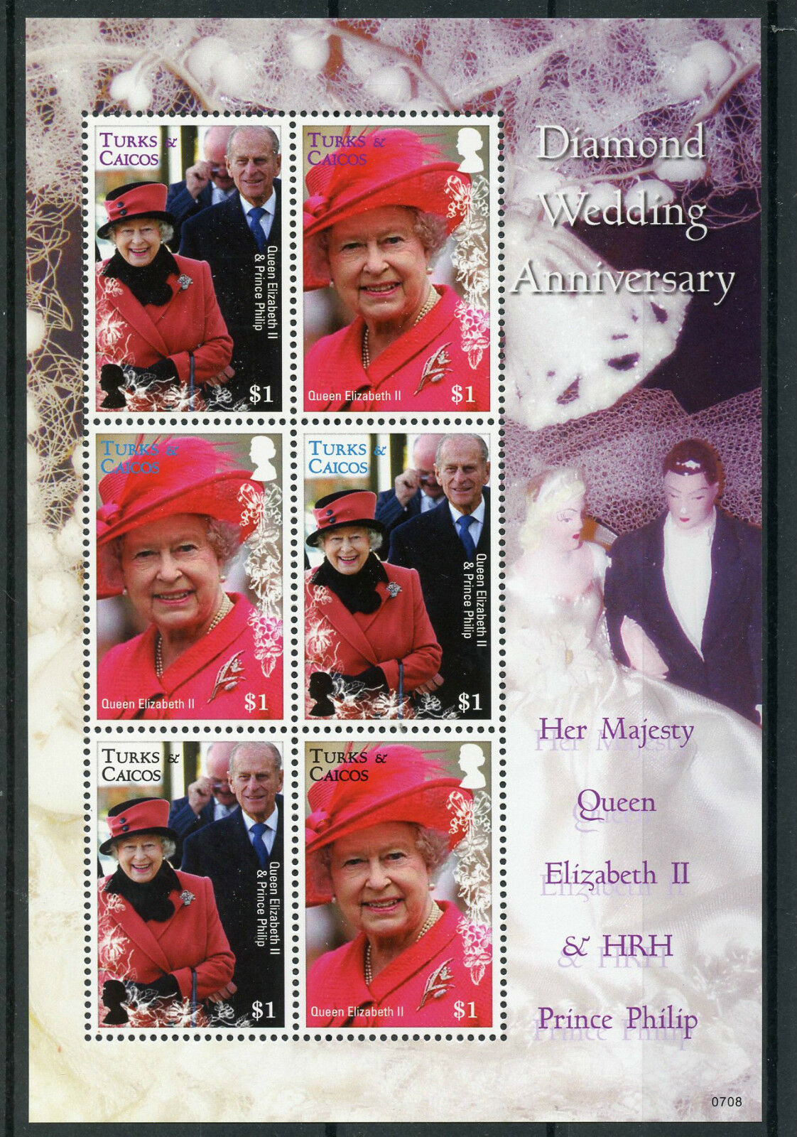 Turks & Caicos 2007 MNH Diamond Wedding Queen Elizabeth & Philip 6v M/S Stamps