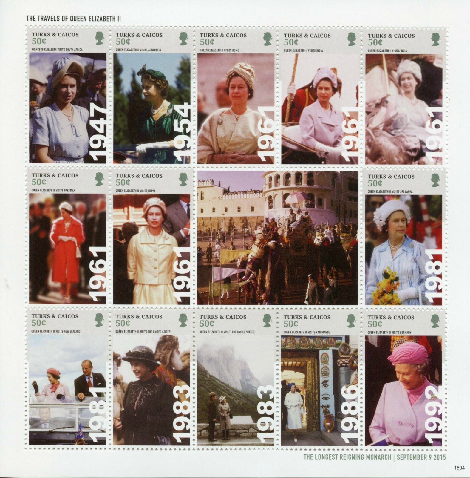 Turks & Caicos 2015 MNH Royalty Stamps Queen Elizabeth II Longest Reign 14v M/S