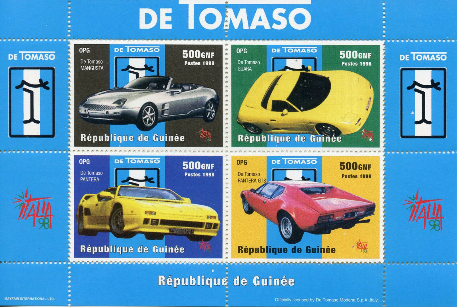 Guinea Cars Stamps 1998 MNH De Tomaso Mangusta Guara Pantera GTS 4v M/S