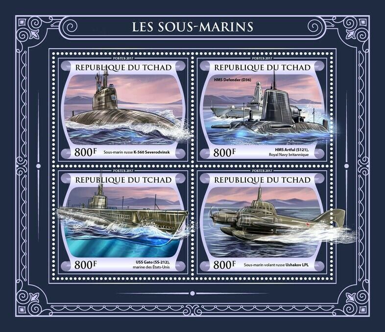 Chad Ships Stamps 2017 MNH Submarines HMS Artful USS Gato Boats 4v M/S