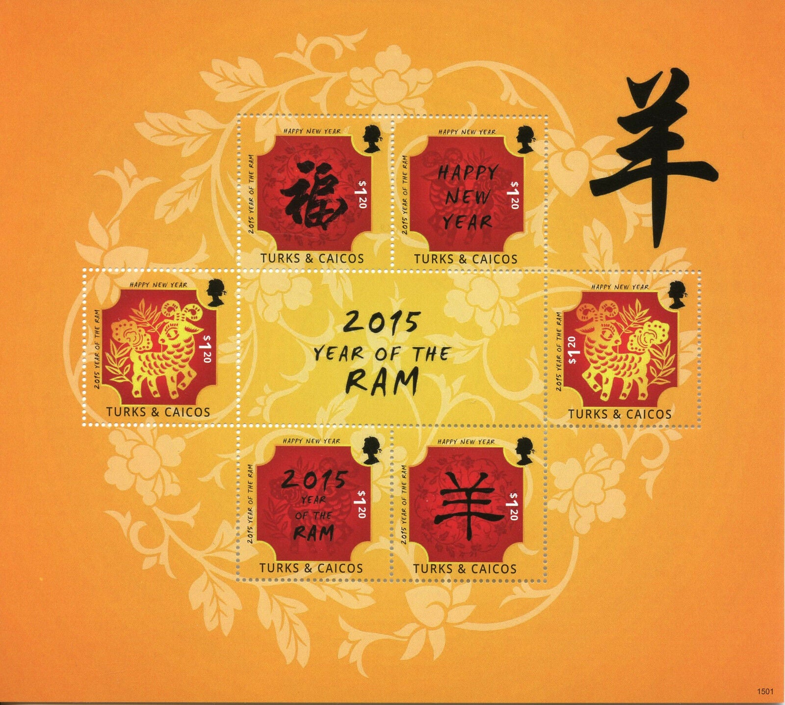 Turks & Caicos 2015 MNH Year of Ram 6v M/S I Lunar New Year Chinese Stamps