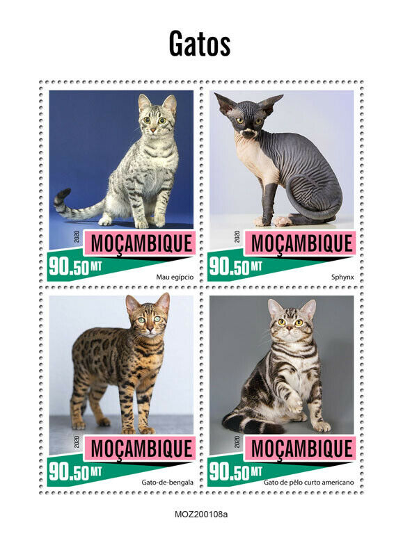 Mozambique 2020 MNH Cats Stamps Egyptian Mau Spynx Shorthair Bengal Cat 4v M/S