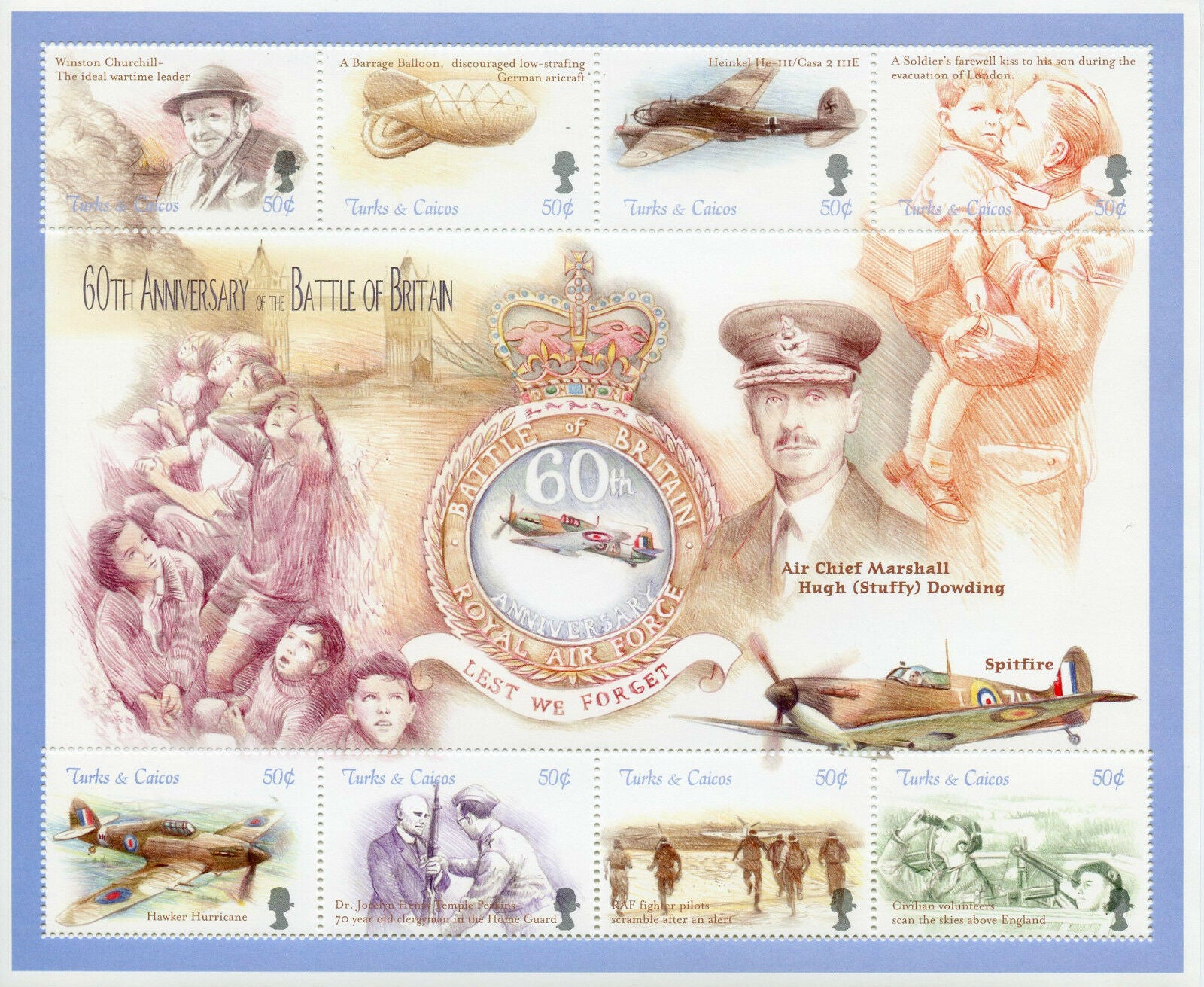 Turks & Caicos Aviation Stamps 2000 MNH WW2 WWII Battle Britain Churchill 8v M/S