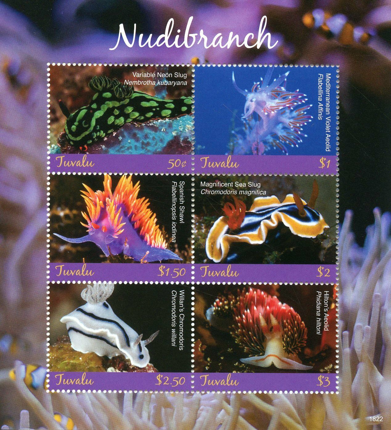 Tuvalu 2018 MNH Marine Animals Stamps Nudibranch Sea Neon Slug Aeolid 6v M/S