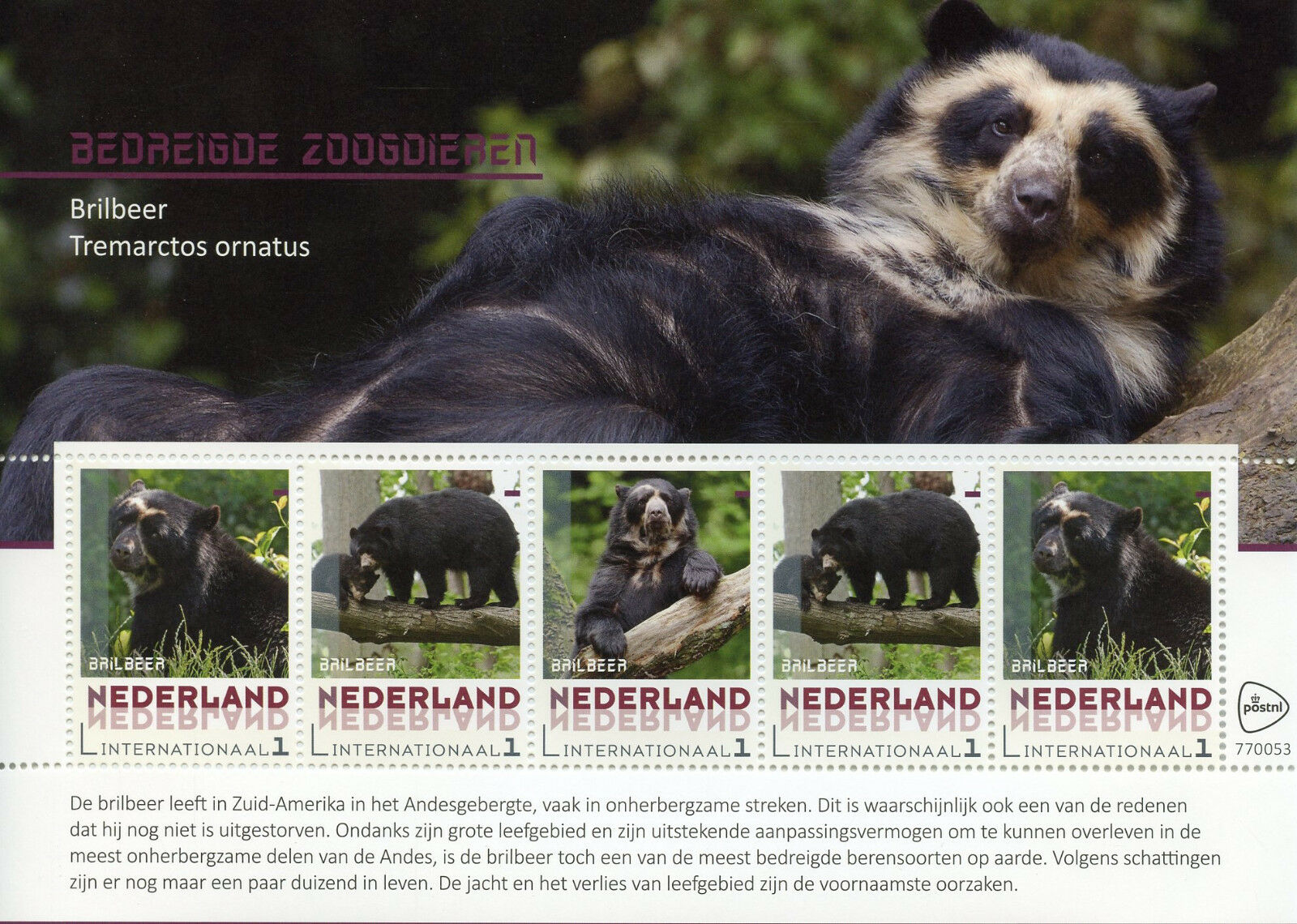 Netherlands 2018 MNH Spectacled Bear Endangered Animals 5v M/S Bears Stamps