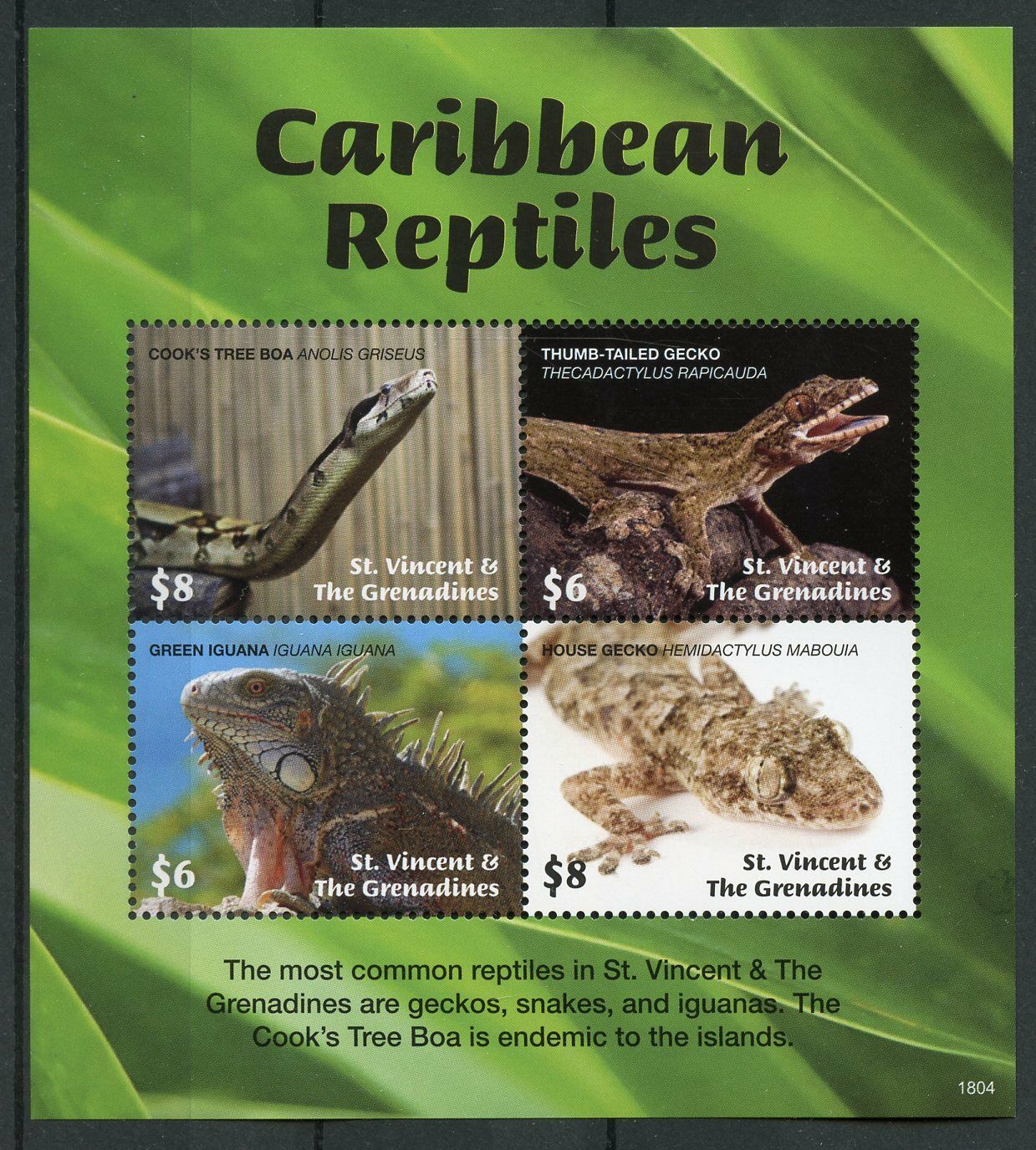 St Vincent & Grenadines 2018 MNH Caribbean Reptiles Geckos Snakes 4v M/S Stamps