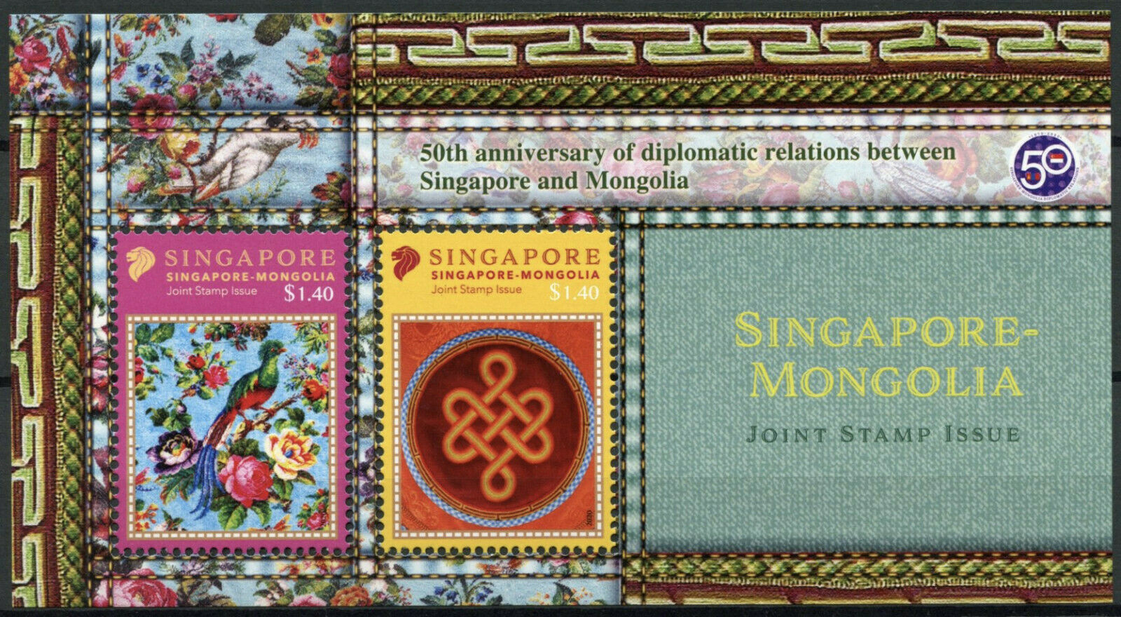 Singapore Cultures Stamps 2020 MNH Embroidery JIS Mongolia Crafts Birds 2v M/S