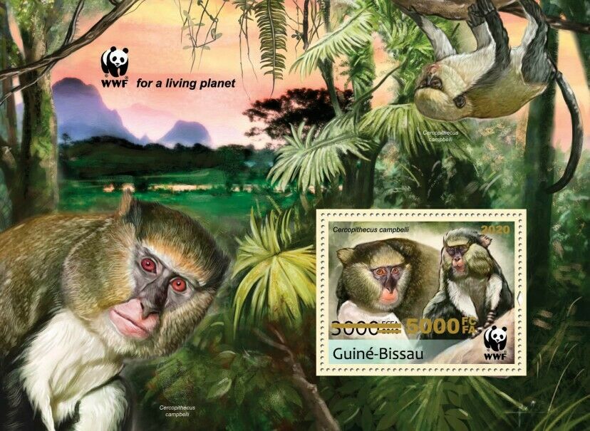 Guinea-Bissau 2020 MNH WWF Stamps Campbell's Mona Monkeys Gold OVPT 1v S/S