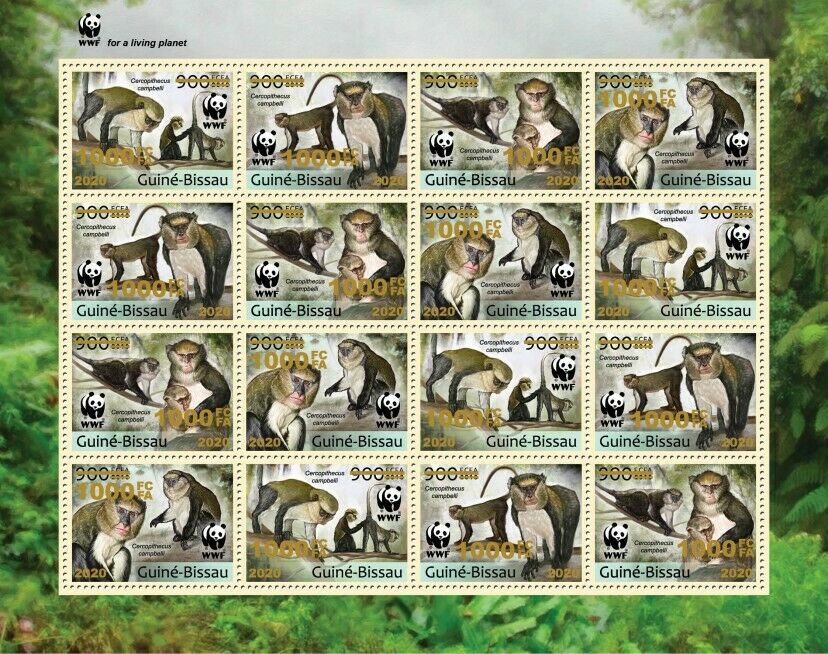 Guinea-Bissau 2020 MNH WWF Stamps Campbell's Mona Monkeys Gold OVPT 16v M/S