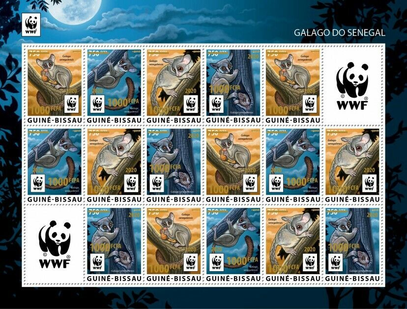 Guinea-Bissau WWF Stamps 2020 MNH Senegal Galago Bushbabies Gold OVPT 16v M/S