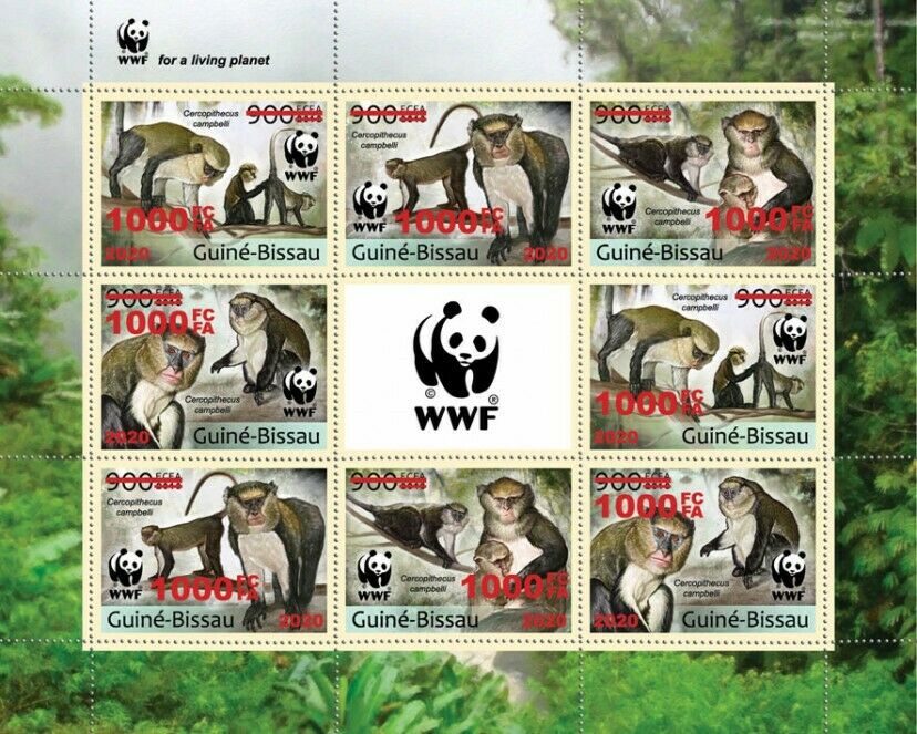 Guinea-Bissau 2020 MNH WWF Stamps Campbell's Mona Monkeys Red OVPT 8v M/S