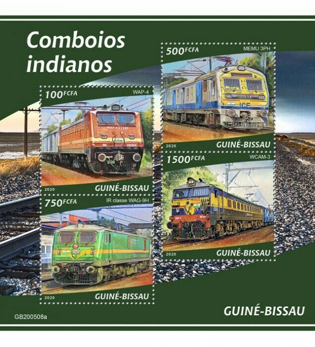 Guinea-Bissau Indian Trains Stamps 2020 MNH WAP-4 MEMU 3PH Railways Rail 4v M/S