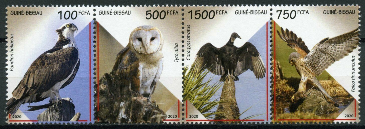 Guinea-Bissau 2020 MNH Birds of Prey on Stamps Owls Vultures Ospreys 4v Strip
