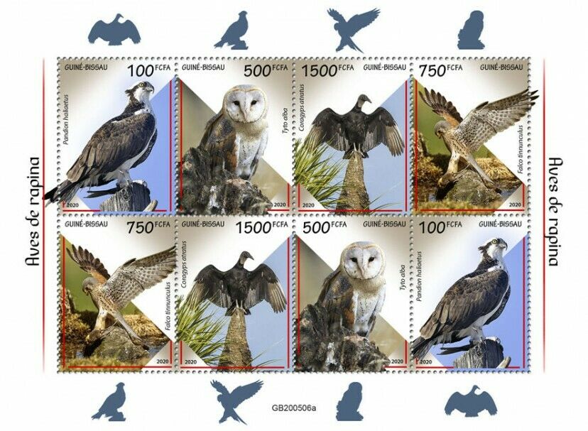 Guinea-Bissau Birds of Prey on Stamps 2020 MNH Owls Vultures Ospreys 8v M/S