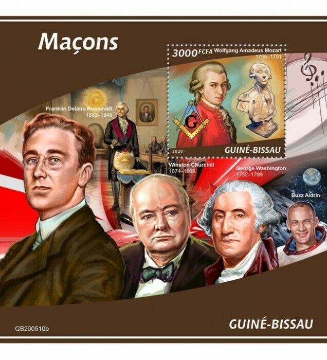 Guinea-Bissau 2020 MNH Freemasons Stamps Mozart Churchill Roosevelt 1v S/S