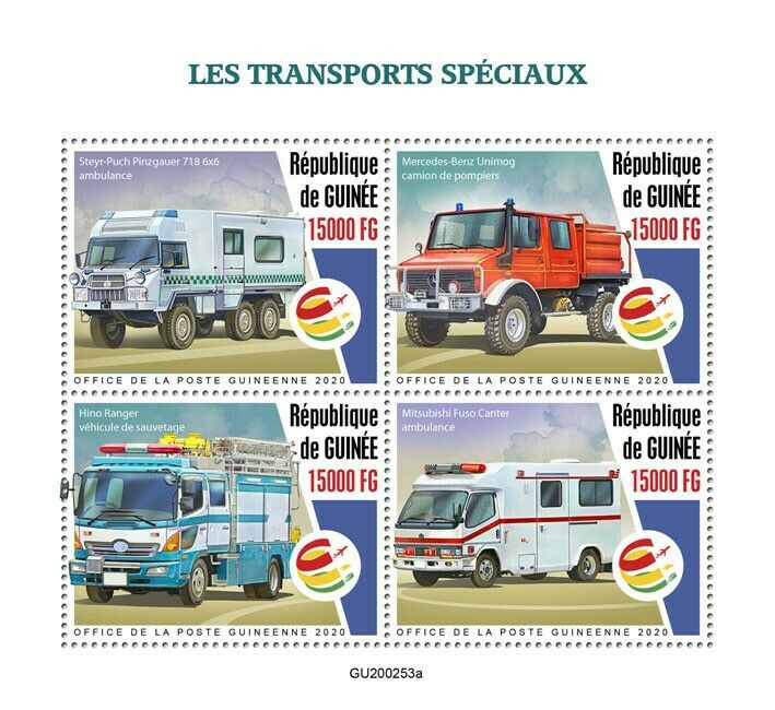 Guinea Special Transport Stamps 2020 MNH Ambulance Fire Engines Trucks 4v M/S