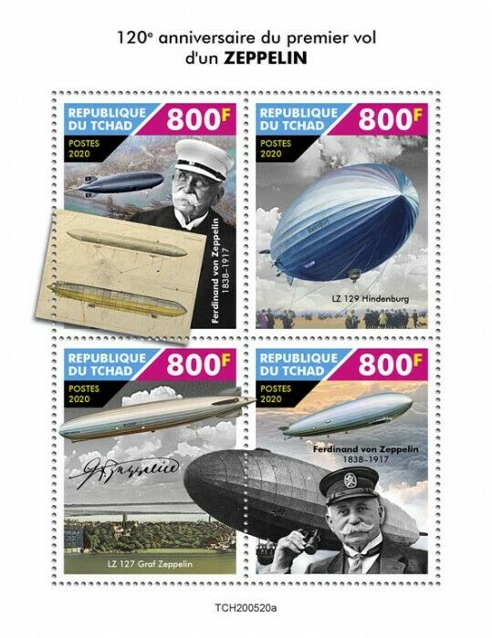 Chad 2020 MNH Aviation Stamps Zeppelins 1st Flight Ferdinand von Zeppelin 4v M/S