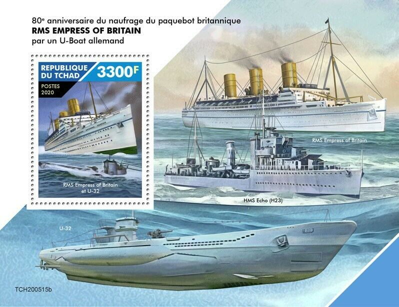 Chad Ships Stamps 2020 MNH RMS Empress of Britain Sinking Submarines 1v S/S