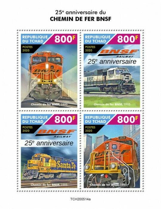 Chad Trains Stamps 2020 MNH BNSF Santa Fe Railway Railways Rail 4v M/S