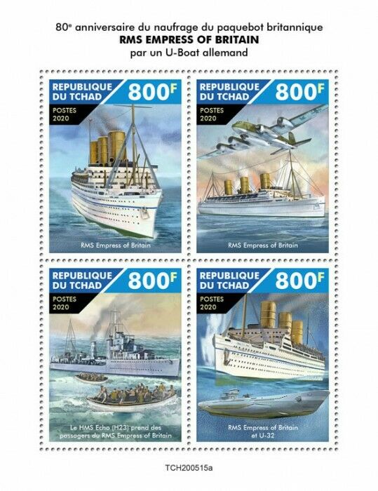 Chad Ships Stamps 2020 MNH RMS Empress of Britain Sinking Submarines 4v M/S
