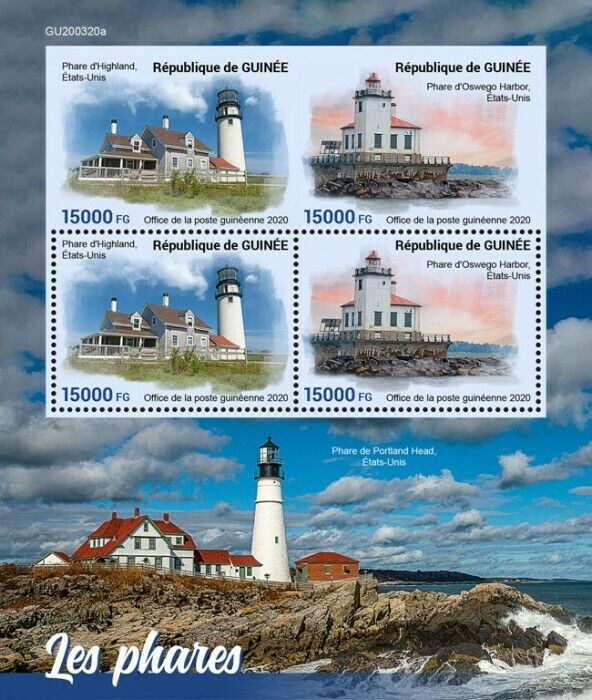 Guinea Lighthouses Stamps 2020 MNH Oswego Highland Lighthouse 4v M/S + IMPF