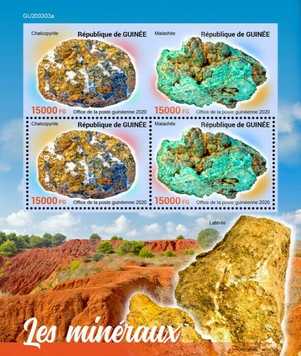 Guinea Minerals Stamps 2020 MNH Chacopyrite Malachite Nature 4v M/S + IMPF