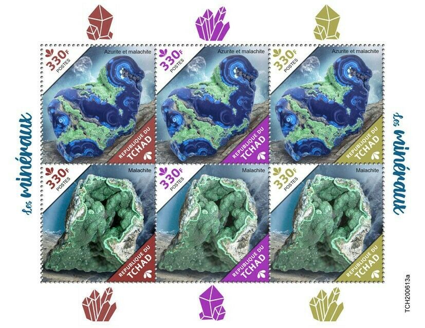 Chad Minerals Stamps 2020 MNH Azurite Malachite Nature 6v M/S