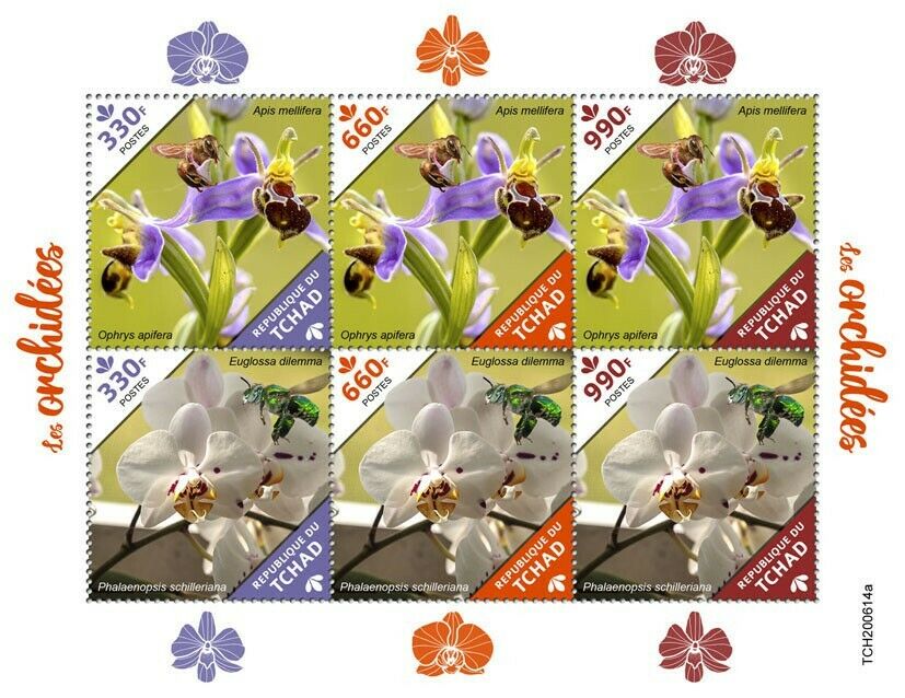 Chad 2020 MNH Flowers Stamps Orchids Ophrys Orchid Honey Bees Nature 6v M/S