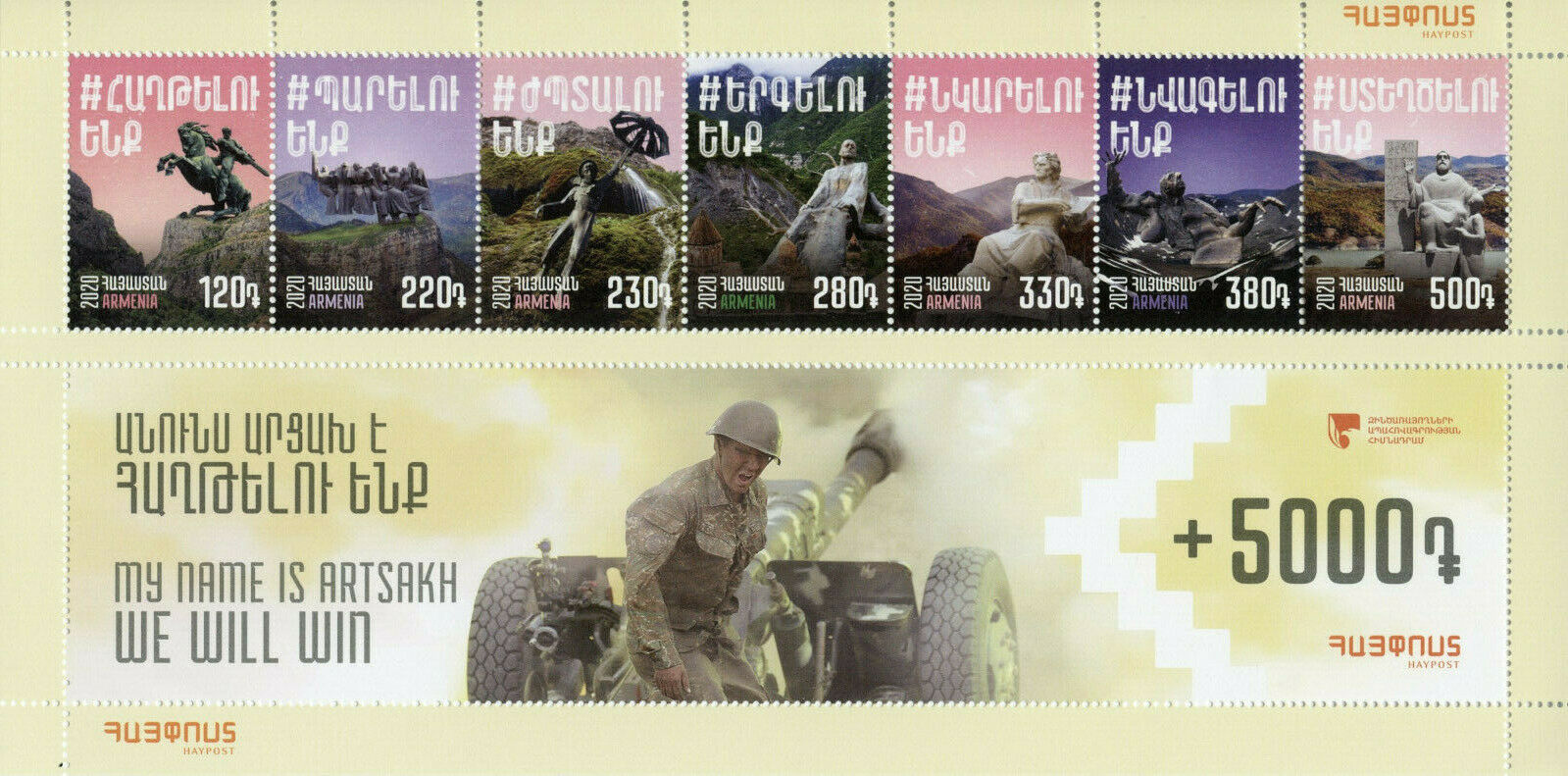 Armenia Military Stamps 2020 MNH Insurance Foundation Servicemen 7v M/S + Coupon