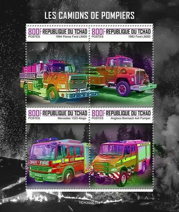 Chad 2020 MNH Fire Engines Stamps Pierce Ford Mercedes Angloco Trucks 4v M/S