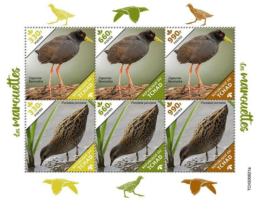 Chad Birds on Stamps 2020 MNH Crakes Black Spotted Crake 6v M/S