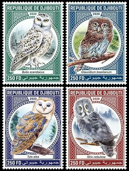 Djibouti 2020 MNH Birds of Prey on Stamps Owls Great Grey Snowy Barn Owl 4v Set