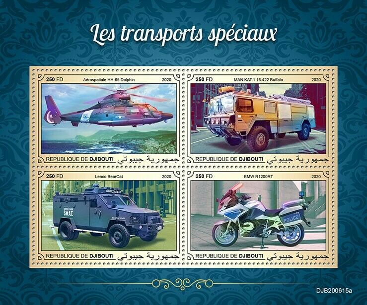 Djibouti Transport Stamps 2020 MNH Helicopters Fire Engines Motorcycles 4v M/S