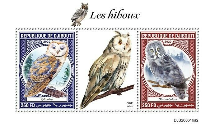 Djibouti 2020 MNH Birds of Prey on Stamps Owls Great Grey Barn Owl 2v S/S II