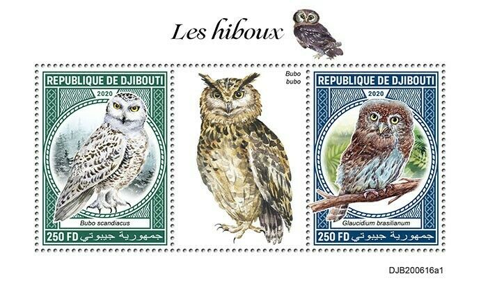 Djibouti Birds of Prey on Stamps 2020 MNH Owls Pygmy Snowy Owl 2v S/S I