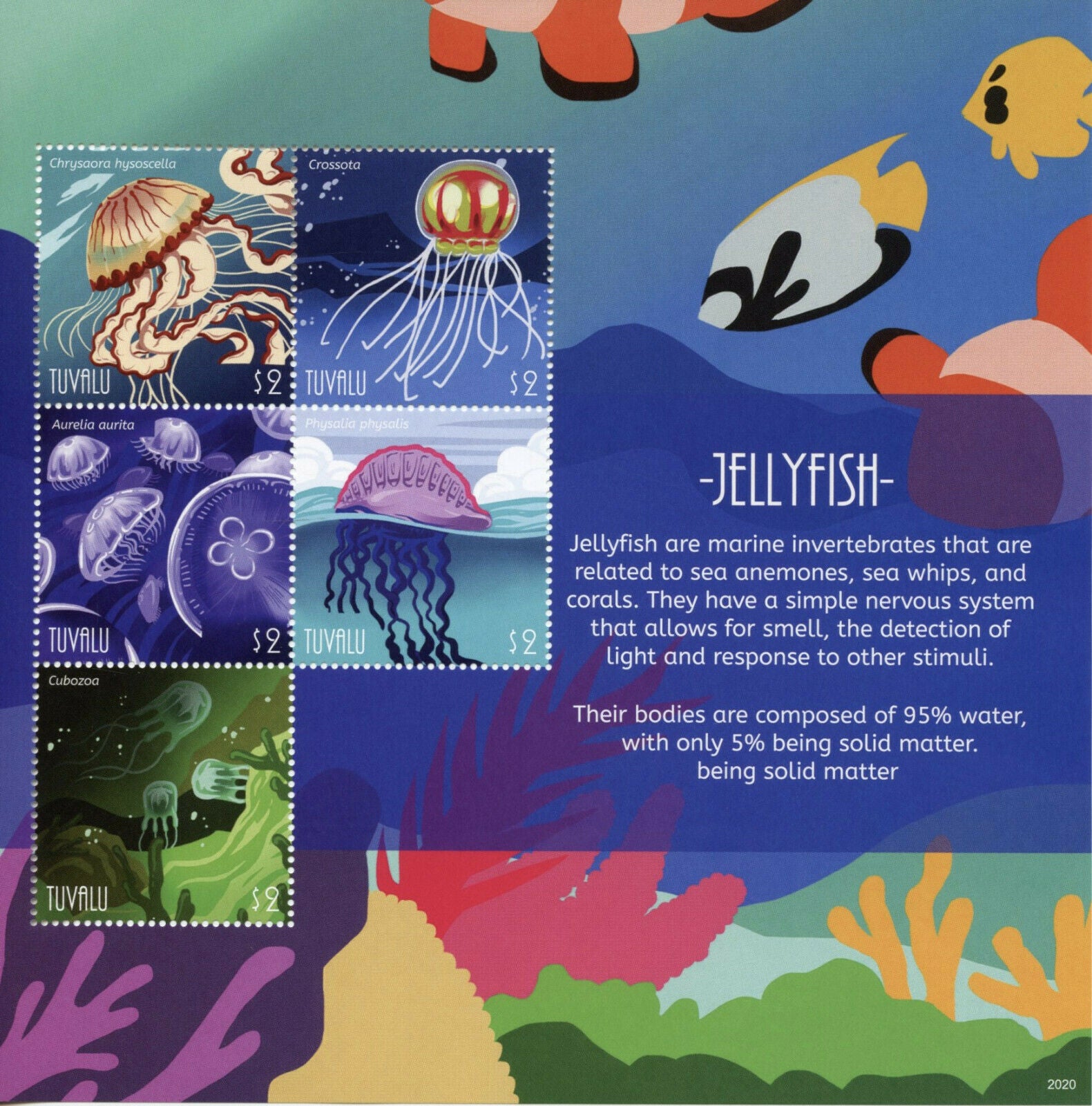 Tuvalu Marine Animals Stamps 2020 MNH Jellyfish Moon Jelly 5v M/S