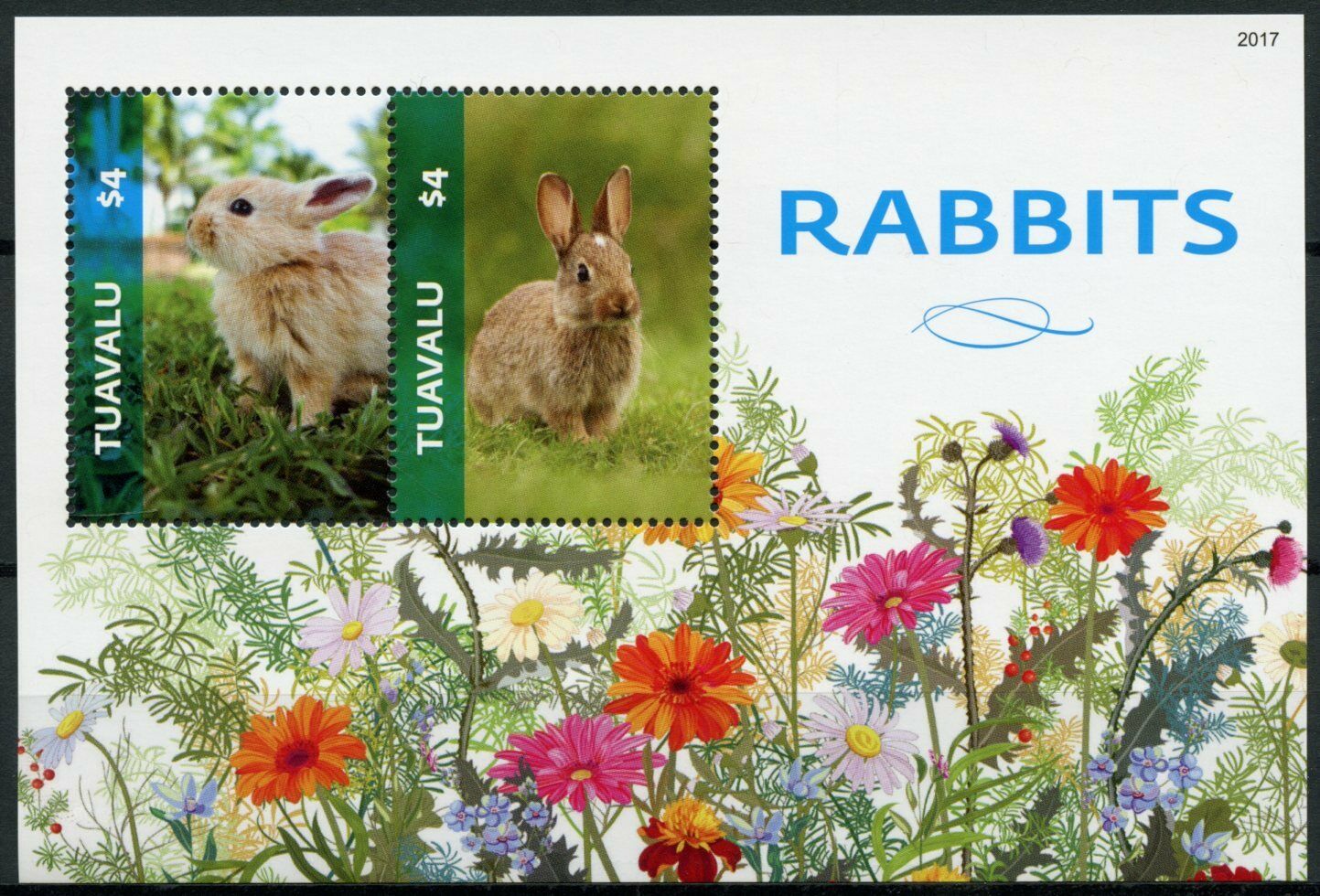 Tuvalu Domestic Animals Stamps 2020 MNH Rabbits Rabbit Pets Flowers 2v S/S