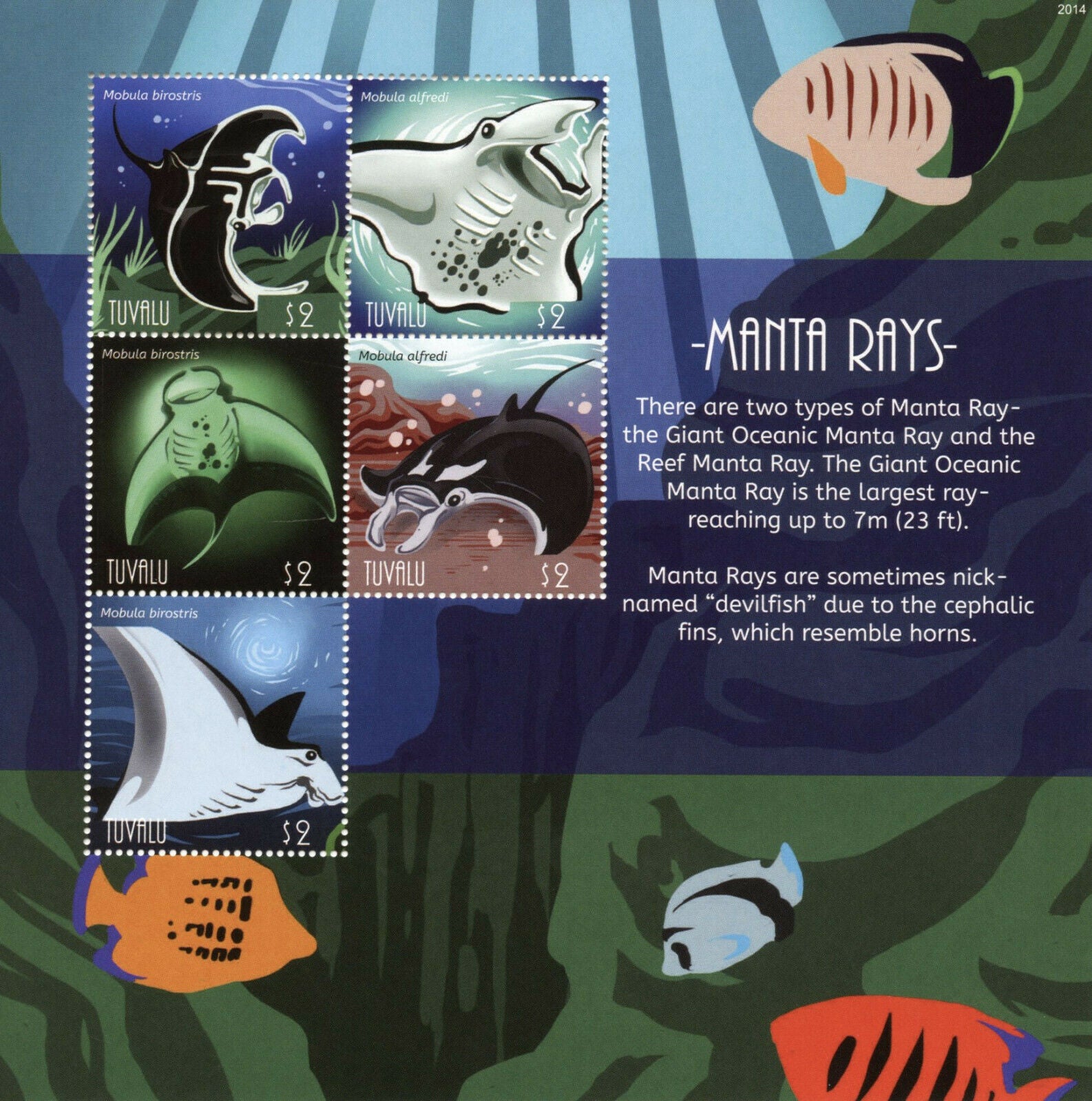 Tuvalu Fish Stamps 2020 MNH Reef Manta Rays Giant Oceanic Ray Fishes 5v M/S