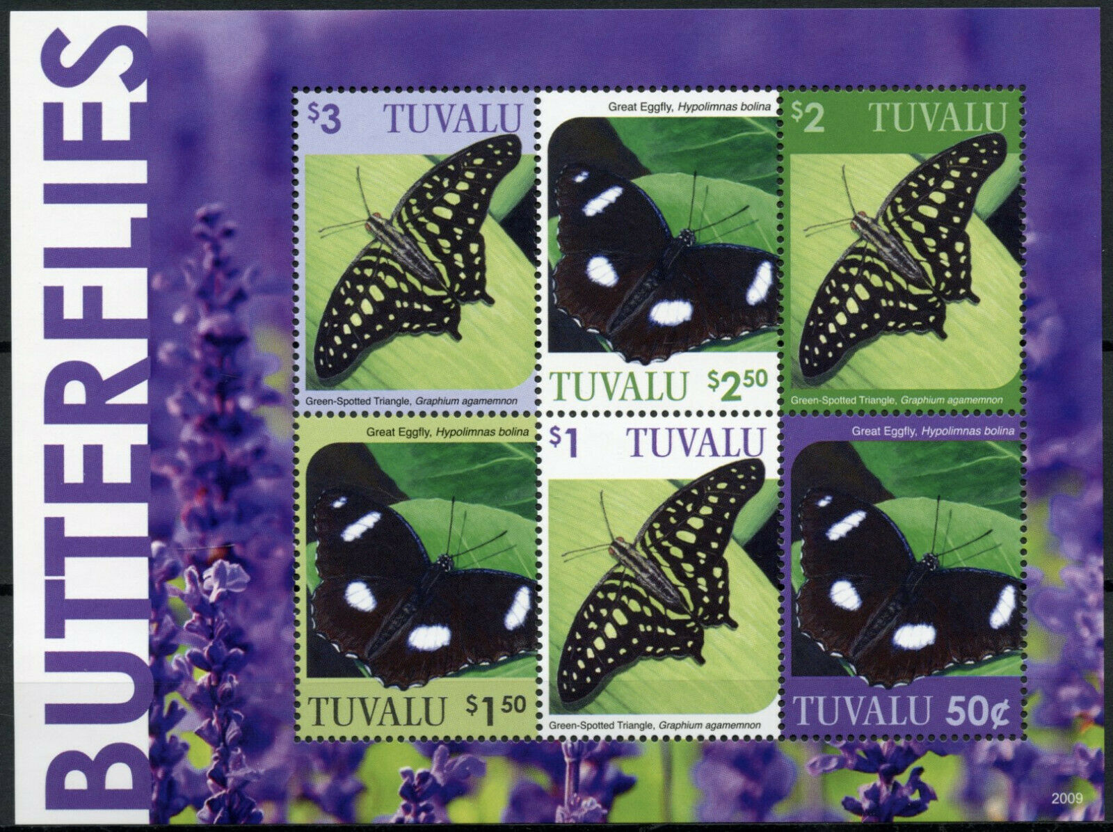 Tuvalu Butterflies Stamps 2020 MNH Great Eggfly Triangle Butterfly 6v M/S