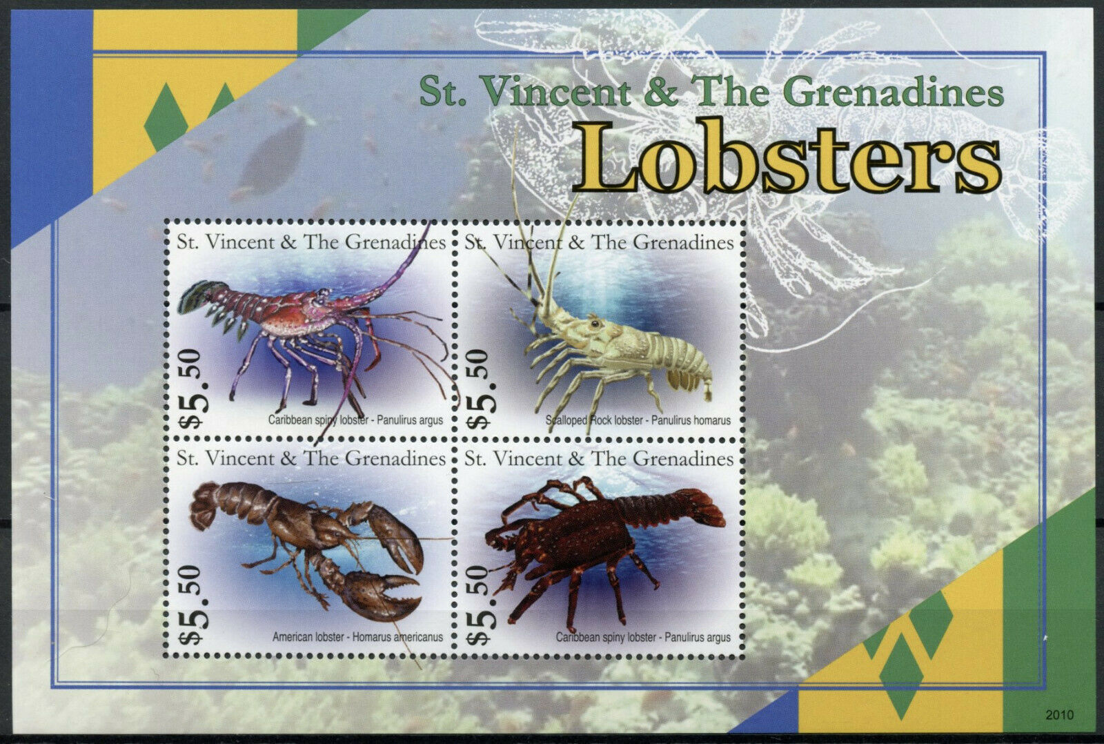 St Vincent & Grenadines Marine Animals Stamps 2020 MNH Lobsters Lobster 4v M/S