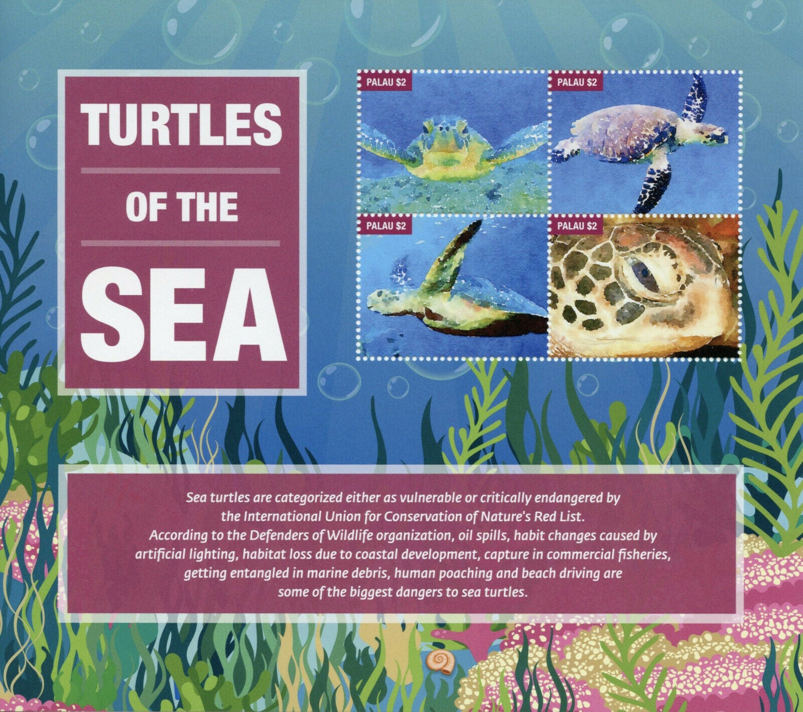 Palau Reptiles Stamps 2020 MNH Sea Turtles Turtle Marine Animals 4v M/S