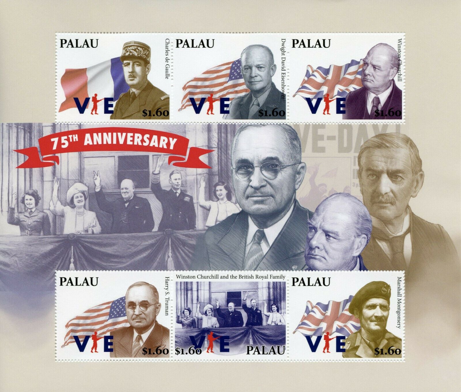 Palau 2020 MNH Military Stamps WWII WW2 VE Day Churchill De Gaulle Truman 6v MS