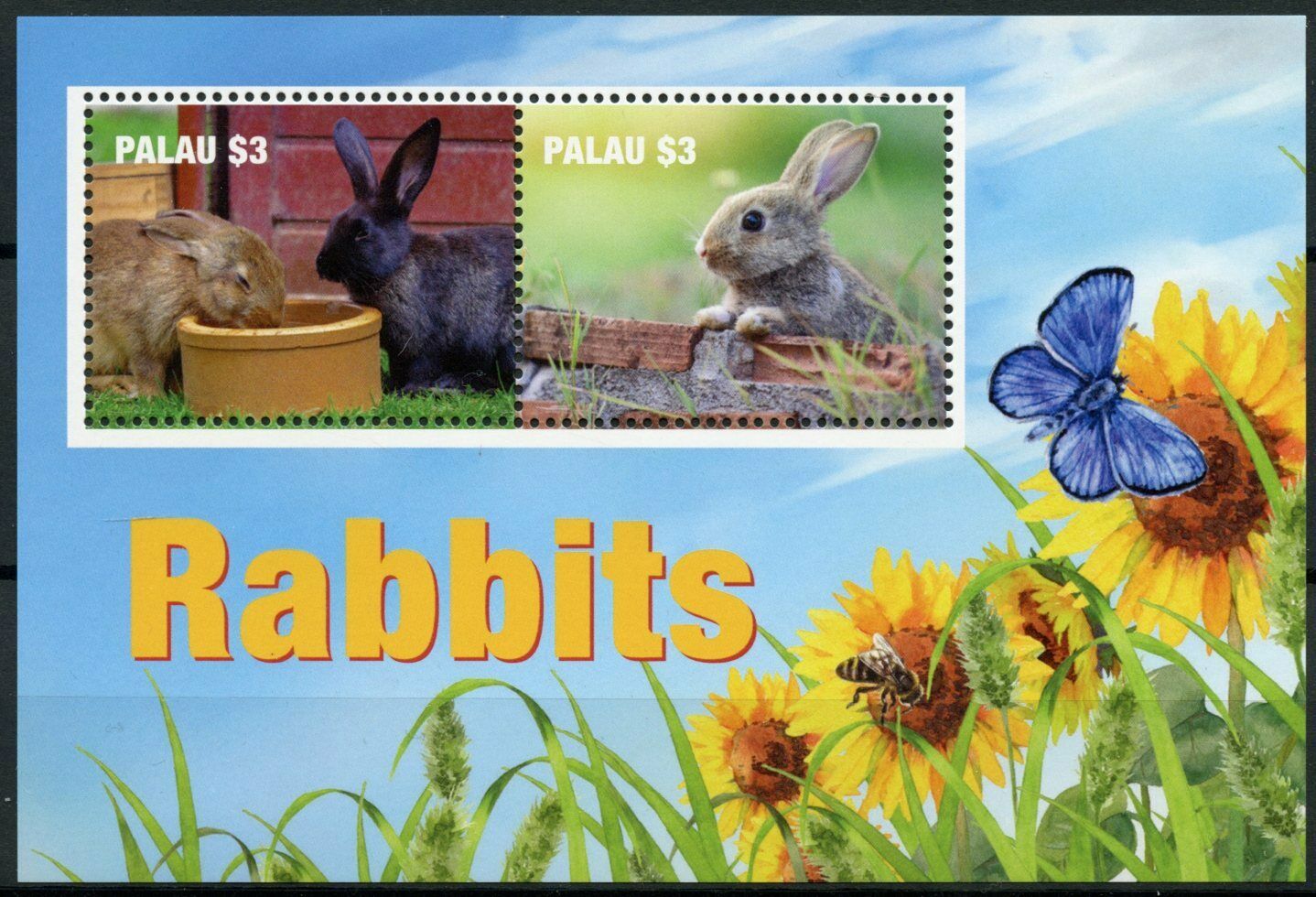 Palau 2020 MNH Domestic Animals Stamps Rabbits Rabbit Butterflies Bees 2v S/S