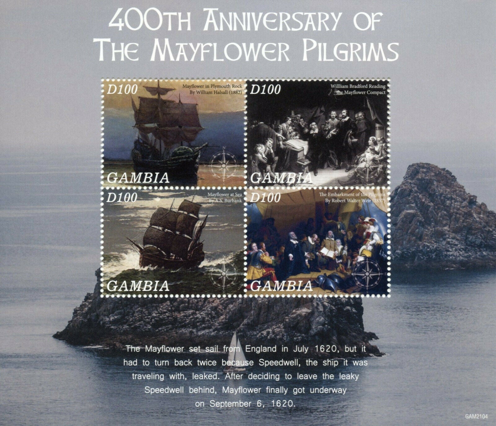 Gambia 2021 MNH Ships Stamps Mayflower Pilgrims 400th Anniv Exploration Art Paintings Nautical 4v M/S