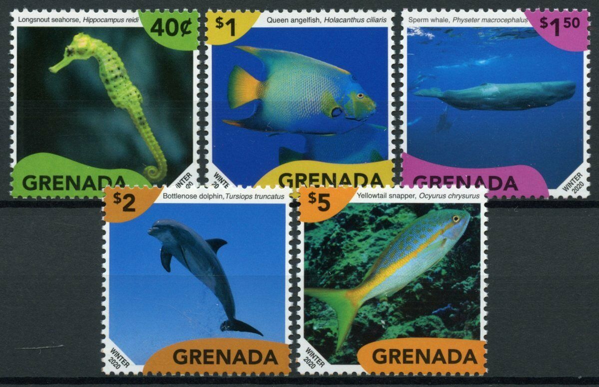Grenada 2020 MNH - Marine Life Definitives - Fish Seahorses Dolphins Whales - 5v Set