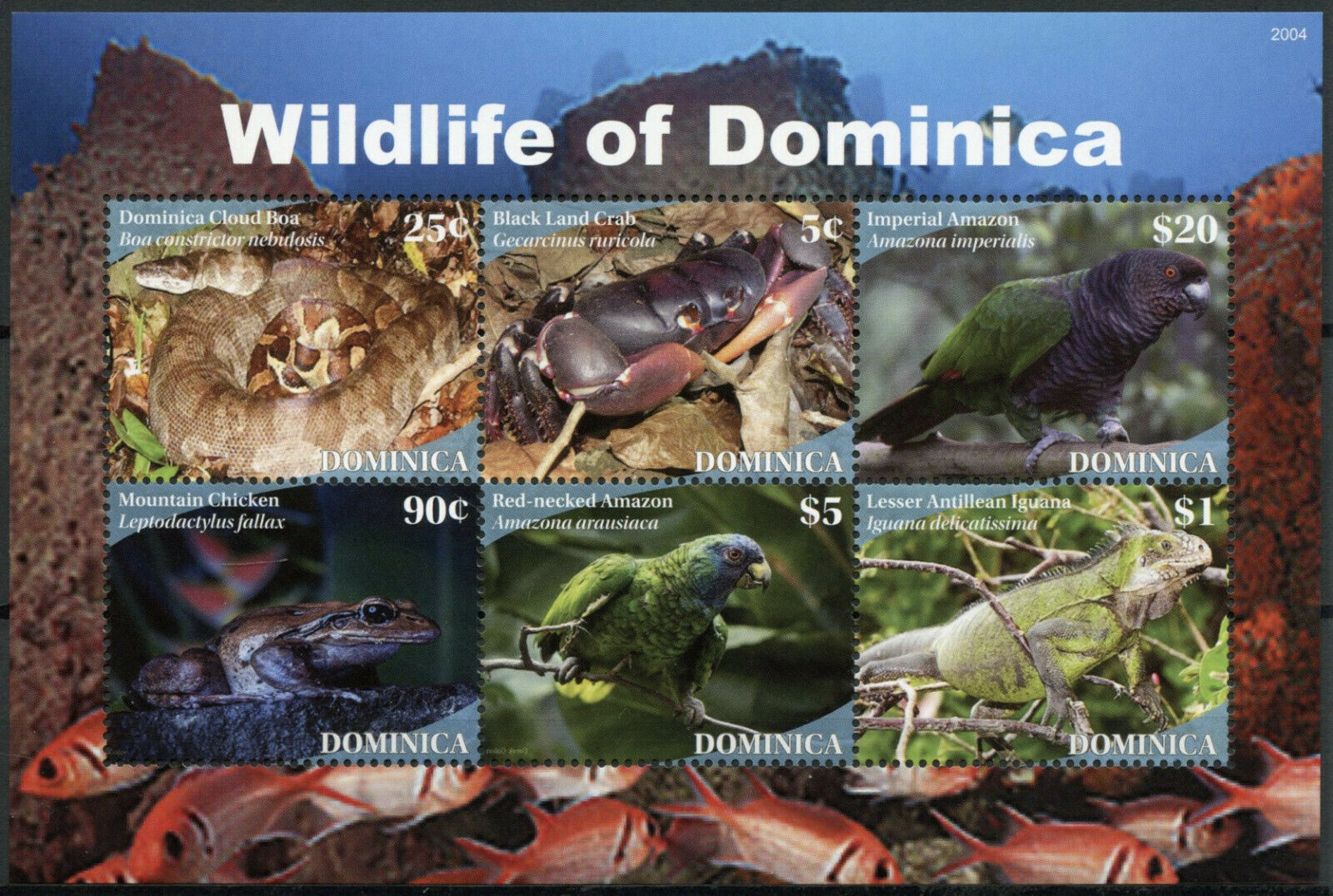 Dominica 2020 MNH Birds on Stamps Wildlife of Dominica Parrots Frogs Snakes Lizards 6v M/S