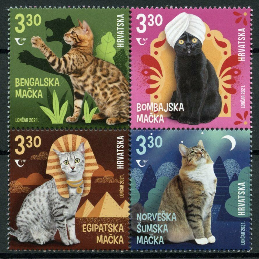 Croatia Cats Stamps 2021 MNH Bengal Egyptian Mau Norwegian Forest Cat 4v Block
