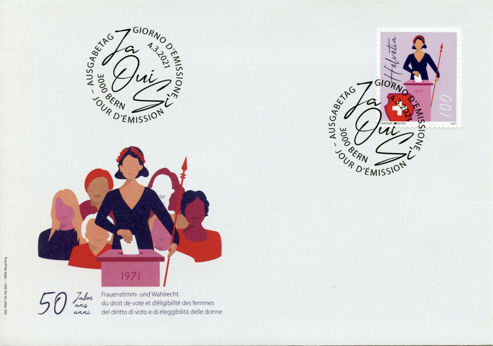 Switzerland Stamps 2021 FDC Women's Suffrage 50 Years Right to Vote 1v Set