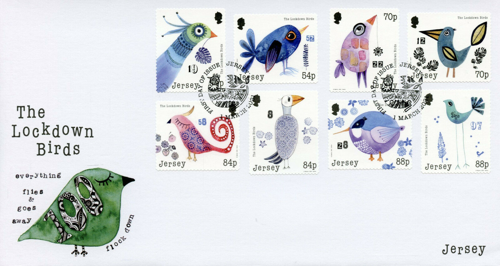 Jersey Art Stamps 2021 FDC Lockdown Birds Drawings Corona 8v S/A Set