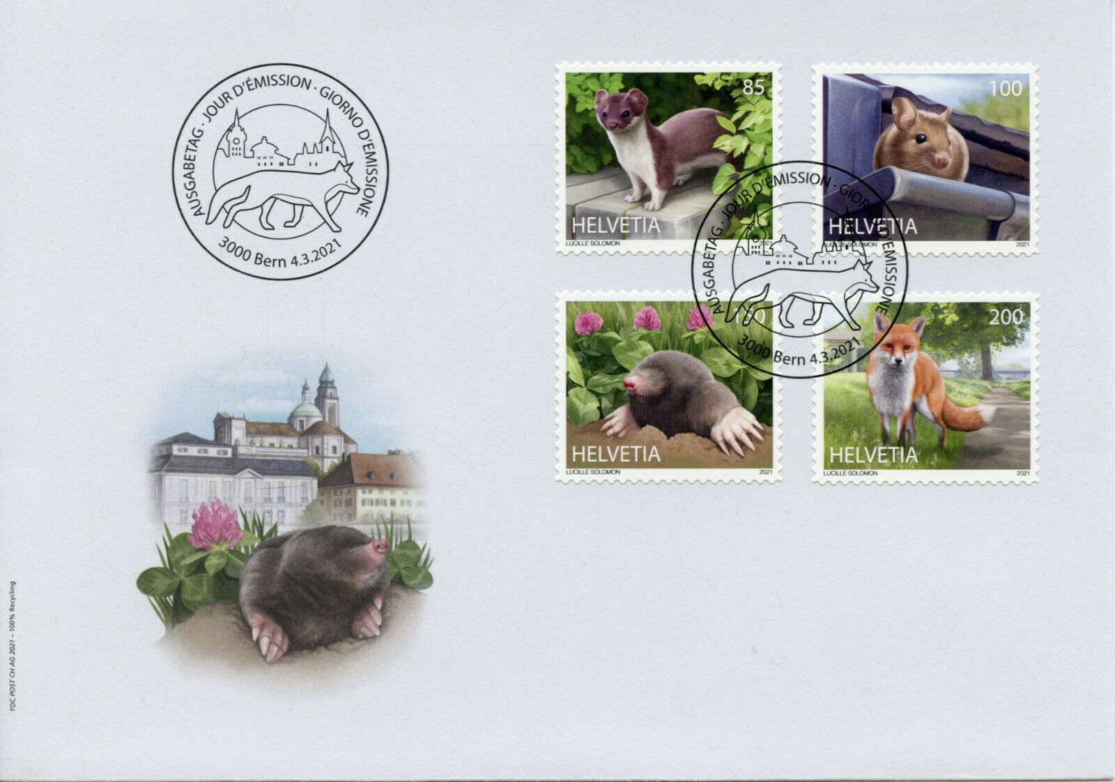 Switzerland Fauna Stamps 2021 FDC Animals in City Foxes Moles Stoats 4v S/A Set